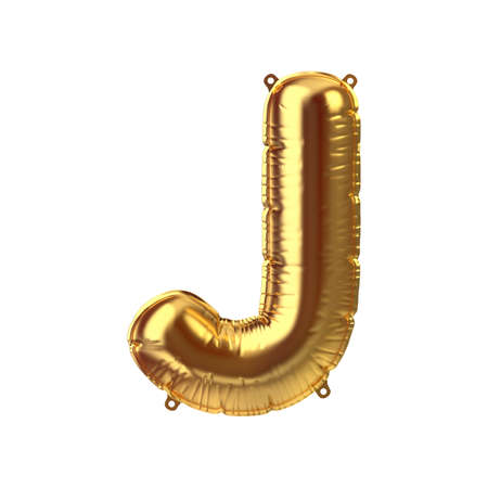 3D Render of Golden inflatable foil balloon letter J. Party decoration element. Yellow character isolated on white background. New year celebration postcard part. Graphic element sign for web designの写真素材