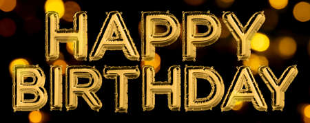 3D Render of Golden inflatable foil balloons set. Bright party decoration figures. Happy Birthday. Beautiful letters for web design or cards on festive dark background. B-day celebration conceptの写真素材