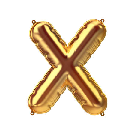 3D Render of Golden inflatable foil balloon letter X. Party decoration element. Yellow character isolated on white background. New year celebration postcard part. Graphic element sign for web designの写真素材