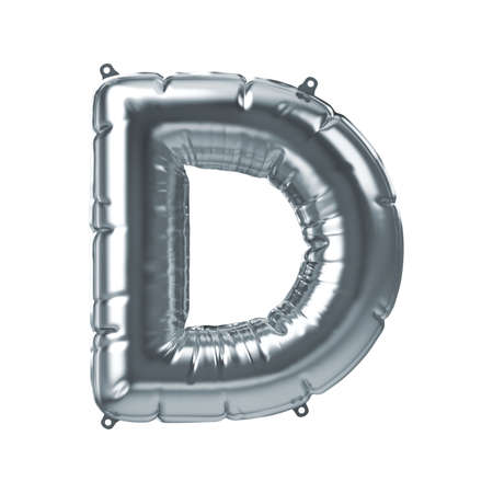 3D Render of silver inflatable foil balloon letter D. Party decoration element. Gray character isolated on white background. New year celebration postcard part. Graphic element sign for web designの写真素材