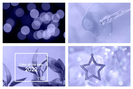 Color 2022 collage. Violet blue pictures with bokeh lights, flowers, cloth texture, paper and...