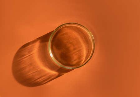 Empty laboratory glass petri for serum, oil, beauty products on orange background. Natural medicine,...