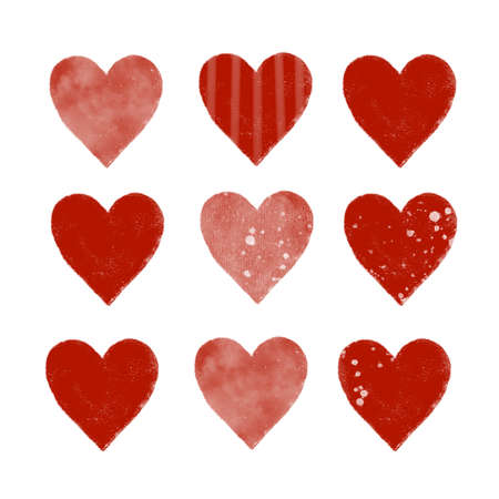Hand drawn red hearts illustration isolated on white background. Bright pattern for Saint Valentines day. Watercolor ornament. Cute cartoon drawing. Love, tenderness, care and friendship conceptの写真素材