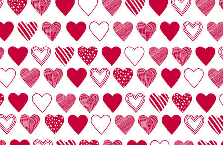 Hand drawn red hearts illustration isolated on white background. Bright pattern for Saint...