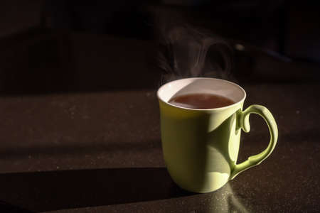 Green cup with hot tea in the sunlight. Lifestyle domestic photo concept. Minimalistic composition with copy space for text. Breakfast time with tasty warm drinkの写真素材