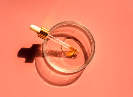 Laboratory glass petri dish with pipette and drop of water, serum, oil, beauty product. Natural medicine, cosmetic research, bio science. Skincare and analysis concept. Dermatology. Flat lay, top viewの写真素材