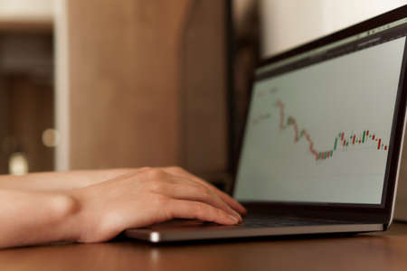 Female hands typing numbers on laptop. Investment analysis, trading concept. Technology, digitalization, cryptocurrency, exchange market, working from home. World crysis, graph decline. Soft focusの写真素材