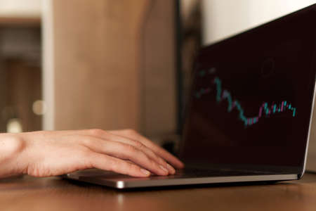 Female hands typing numbers on laptop. Investment analysis, trading concept. Technology, digitalization, cryptocurrency, exchange market, working from home. World crysis, graph decline. Soft focusの写真素材
