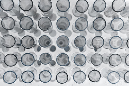 Many medical glass test tubes. Top view. Futuristic medicine and healthcare concept.