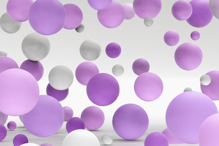 3d rendering of different spheres. Abstract minimalistic backdrop for cosmetics and beauty products presentation. Flying particles. Futuristic background. Design for poster, banner with space for textの写真素材