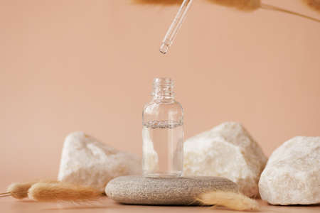 Transparent glass cosmetic dropper standing on stone with dry flowers on beige background. Beauty composition. Concept of natural and original skincare products presentation.の写真素材