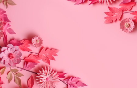 Many flowers made of paper on pink background with copy space. Floral frame layout with text space. Romantic feminine composition. Wedding invitation. International Womens day, Mother Day, Birthdayの写真素材