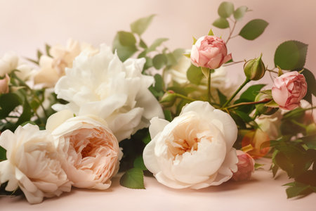 Peonies, roses on pink background with copy space. Abstract natural floral frame layout with text space. Romantic feminine composition. Wedding invitation. International Women day, Mother Day conceptの写真素材