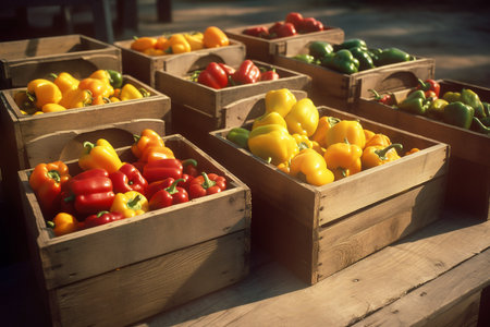 Many fresh yellow, green and red sweet bulgarian peppers in wooden boxes. Farmers market. Organic tasty juicy food full of vitamins and antioxidants. Summer vegetables composition with copy space.の写真素材