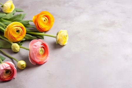 Ranunculus flowers on marble background with copy space. Abstract natural floral frame layout with...