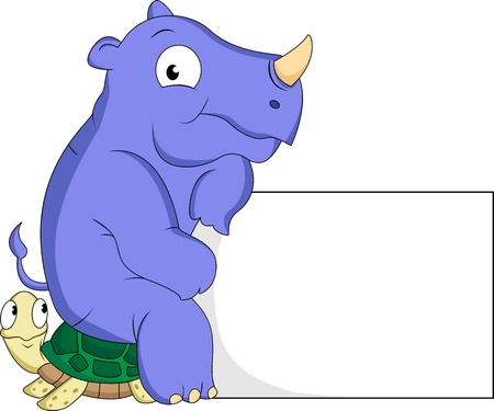 rhino and turtle cartoon with blank signのイラスト素材