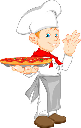 boy chef cartoon holding pizzaのイラスト素材