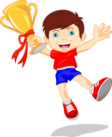 cute boy holding gold trophyのイラスト素材