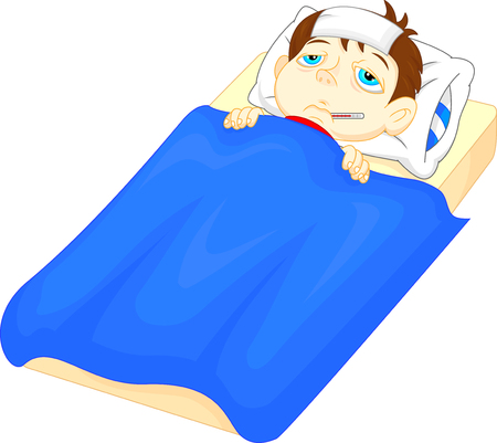 Sick boy in bed with symptoms of fever and thermometer in his mouthのイラスト素材
