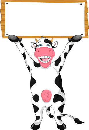 cute cow cartoon and blank signのイラスト素材