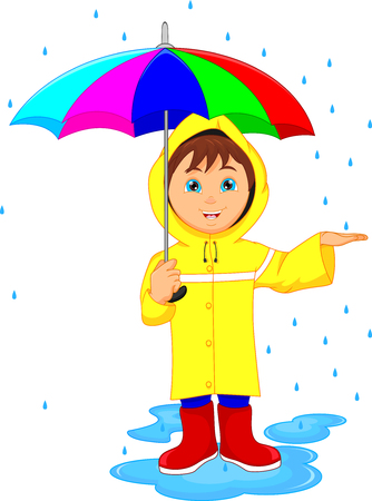 little boy in rain with umbrellaのイラスト素材