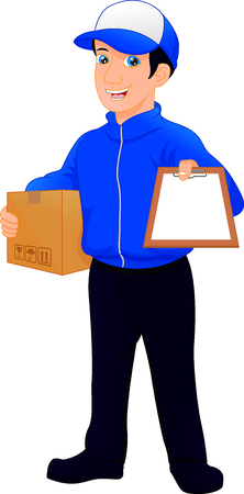 Delivery man holding package and clipboardのイラスト素材
