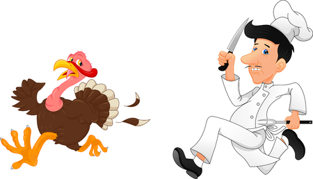 Cartoon chef chasing a turkey Vector illustration.のイラスト素材