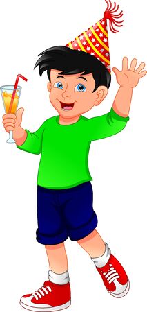 funny boy waving and holding juiceのイラスト素材
