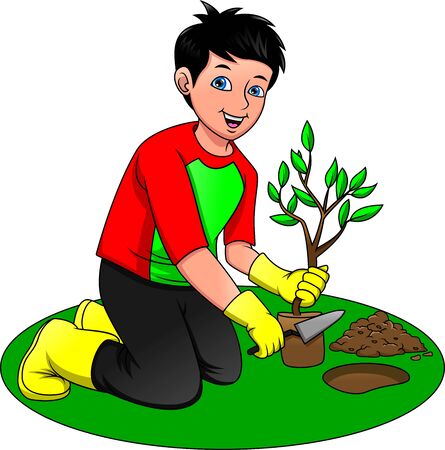 young boy planting trees, Save our green planetのイラスト素材