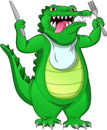 cute baby crocodile holding cutleryのイラスト素材