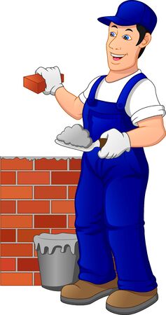 Man building brick wall. Construction worker in a uniformのイラスト素材