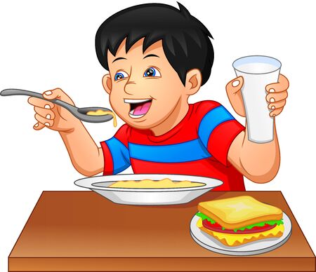 little boy eating on a white backgroundのイラスト素材