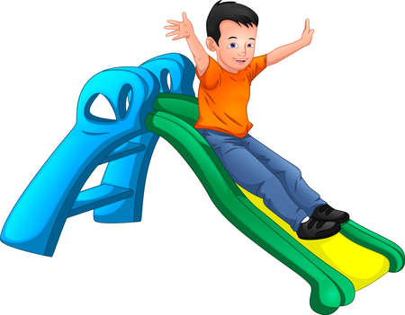 happy boy playing slideのイラスト素材