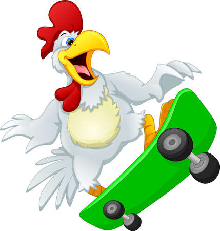 cute chicken playing skate boardのイラスト素材