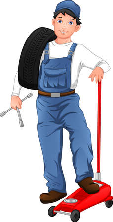 mechanic posing with tiresのイラスト素材