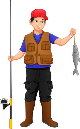 Fisherman Catching Fish with Fishing Rod Setのイラスト素材