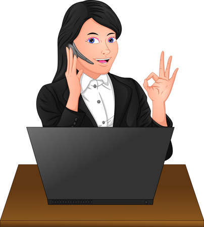 beautiful employees at work desk and wavingのイラスト素材