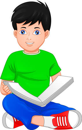 cute little boy reading bookのイラスト素材