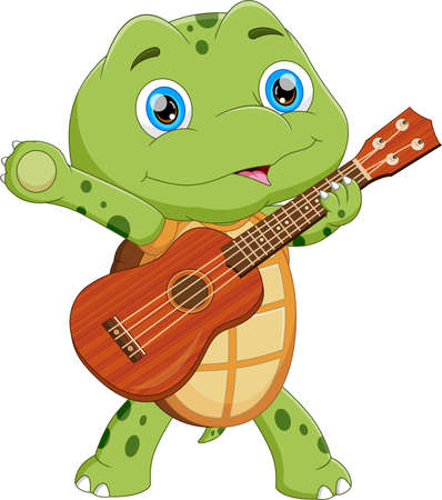 cartoon green turtle playing guitarのイラスト素材