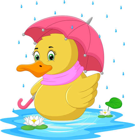 cartoon cute duck using umbrella in the rainのイラスト素材