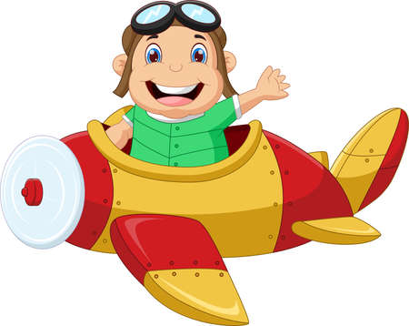 cartoon boy riding a plane and wavingのイラスト素材