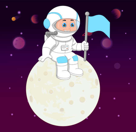 young astronaut on the moon and holding a flagのイラスト素材
