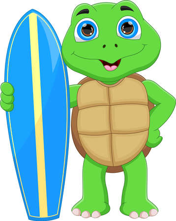 cute turtle holding surfboard on white backgroundのイラスト素材