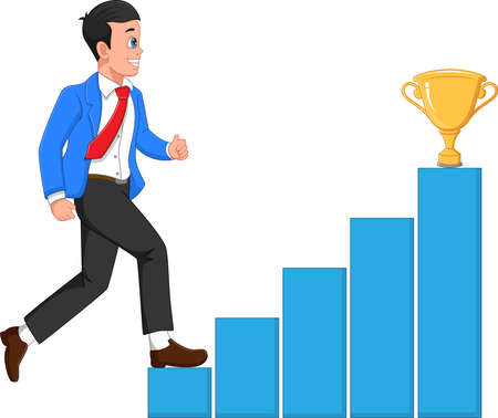 Business man climbs the ladder of success. Business man wants to win the gold trophyのイラスト素材