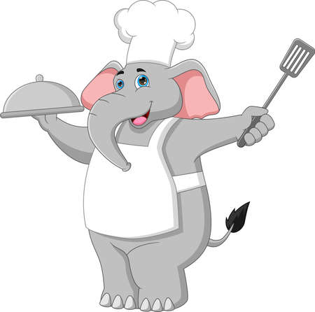 cartoon chef elephant carrying a food trayのイラスト素材