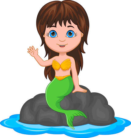 cartoon mermaid sitting on a rock and wavingのイラスト素材