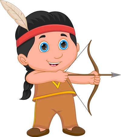 archer boy cartoon wearing Native American indian costumeのイラスト素材