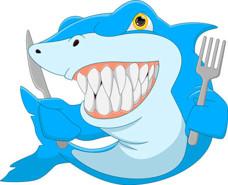 cartoon cute shark holding cutleryのイラスト素材