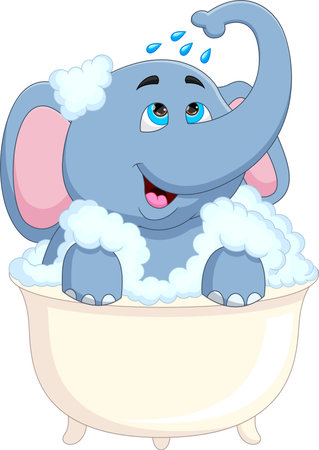 cartoon baby elephant bathing in the bathtubのイラスト素材