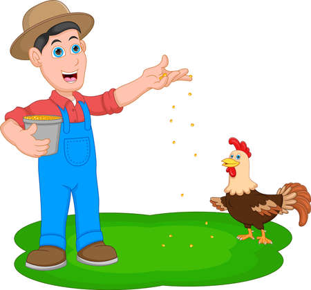 cartoon man feeding the roosterのイラスト素材